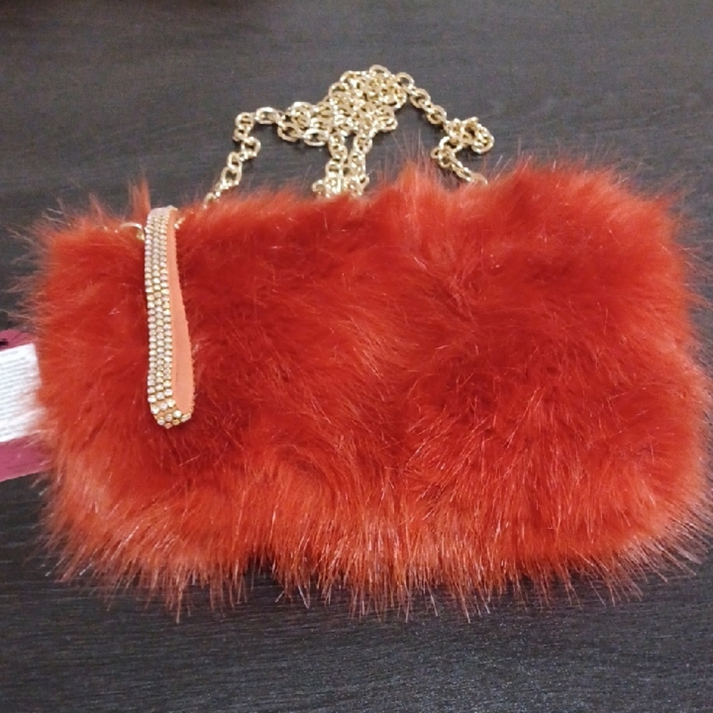 Faux Fur Chain Shoulder Bag - Orange